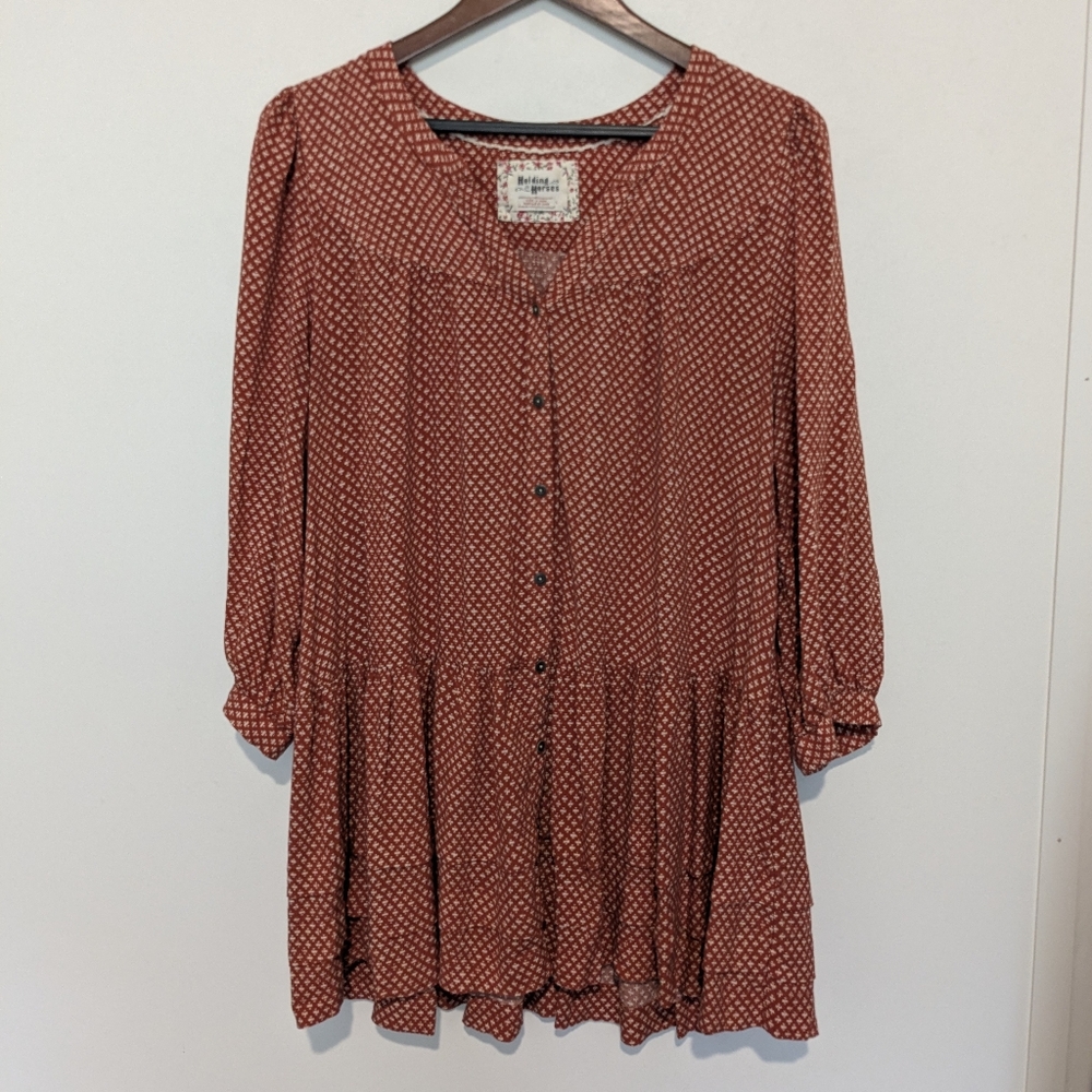 Anthropologie Red Orange Ditsy Blouse Holding Horses L Tiered Cottage - Picture 4 of 6